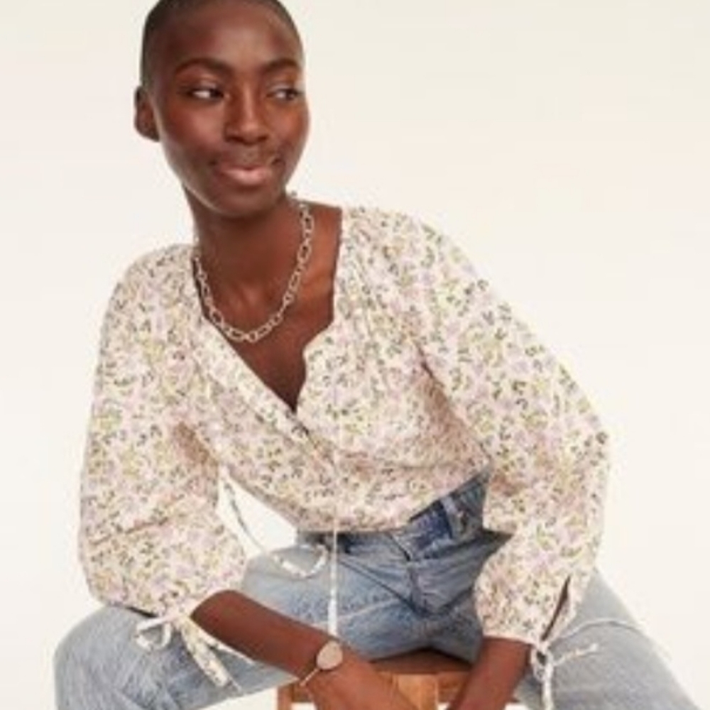 J. Crew Ditzy Floral Popover Blouse Large White Long Sleeve Cottagecore NEW NWT